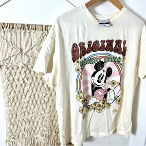 70s Groovy Disney Disneyland Mickey Mouse Hippie Bohemian Cream Floral Tee XL